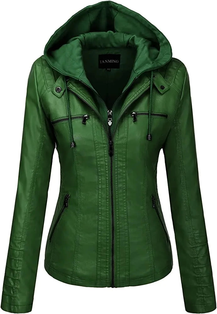 Hooded Leather Jacket - Two-Piece Removable Hood Set