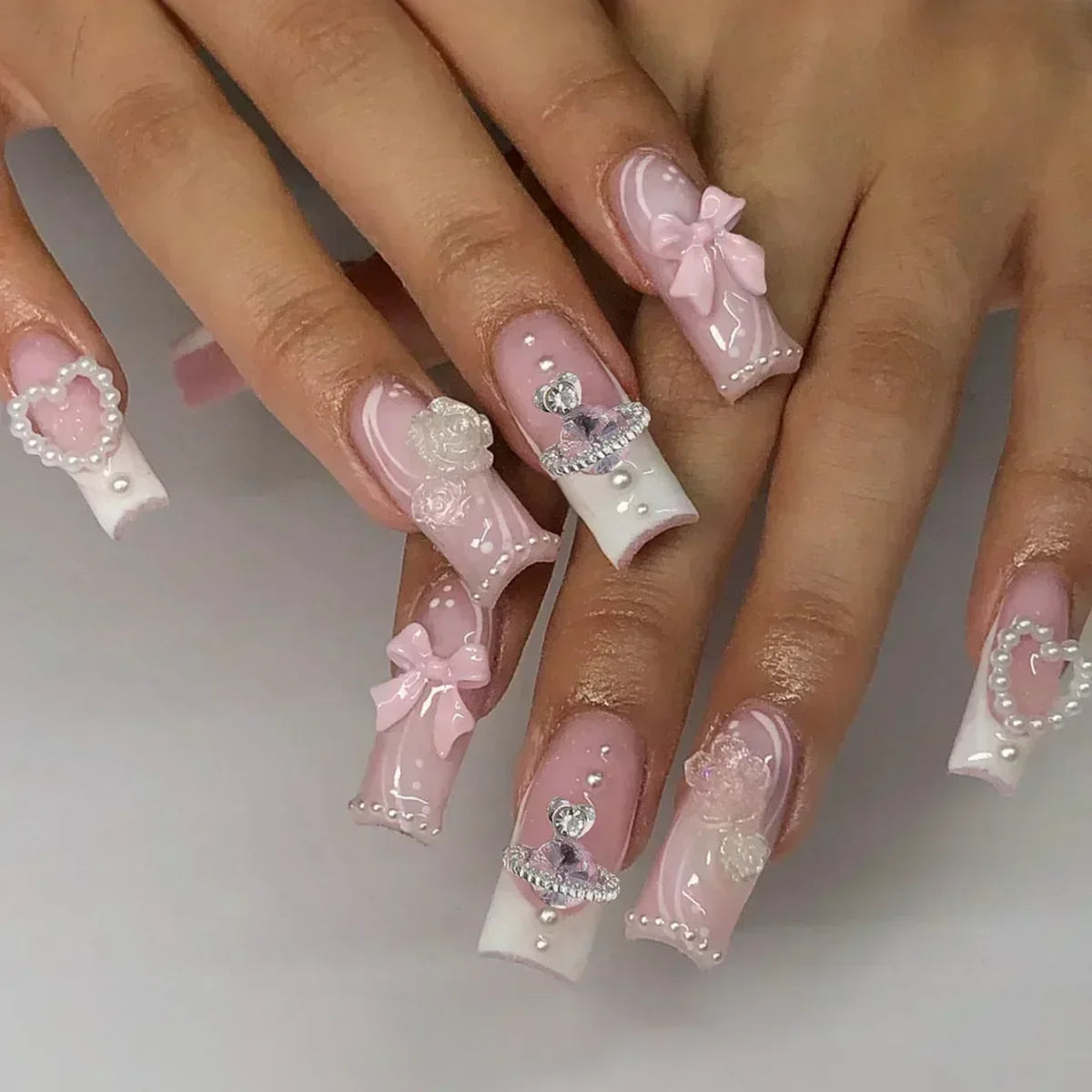 Press-On Coffin Nails | Butterfly Rhinestone Ballet False Nails Set 24Pcs
