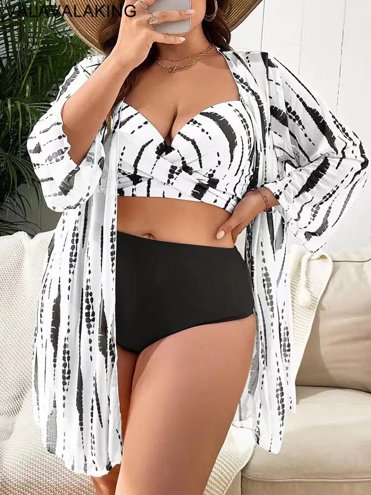 Plus Size High Waist Bikini Set with Mesh Cover Up - 3 Piece Swimsuit