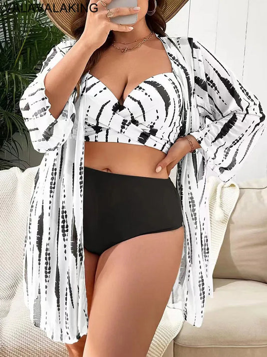 Plus Size High Waist Bikini Set with Mesh Cover Up - 3 Piece Swimsuit