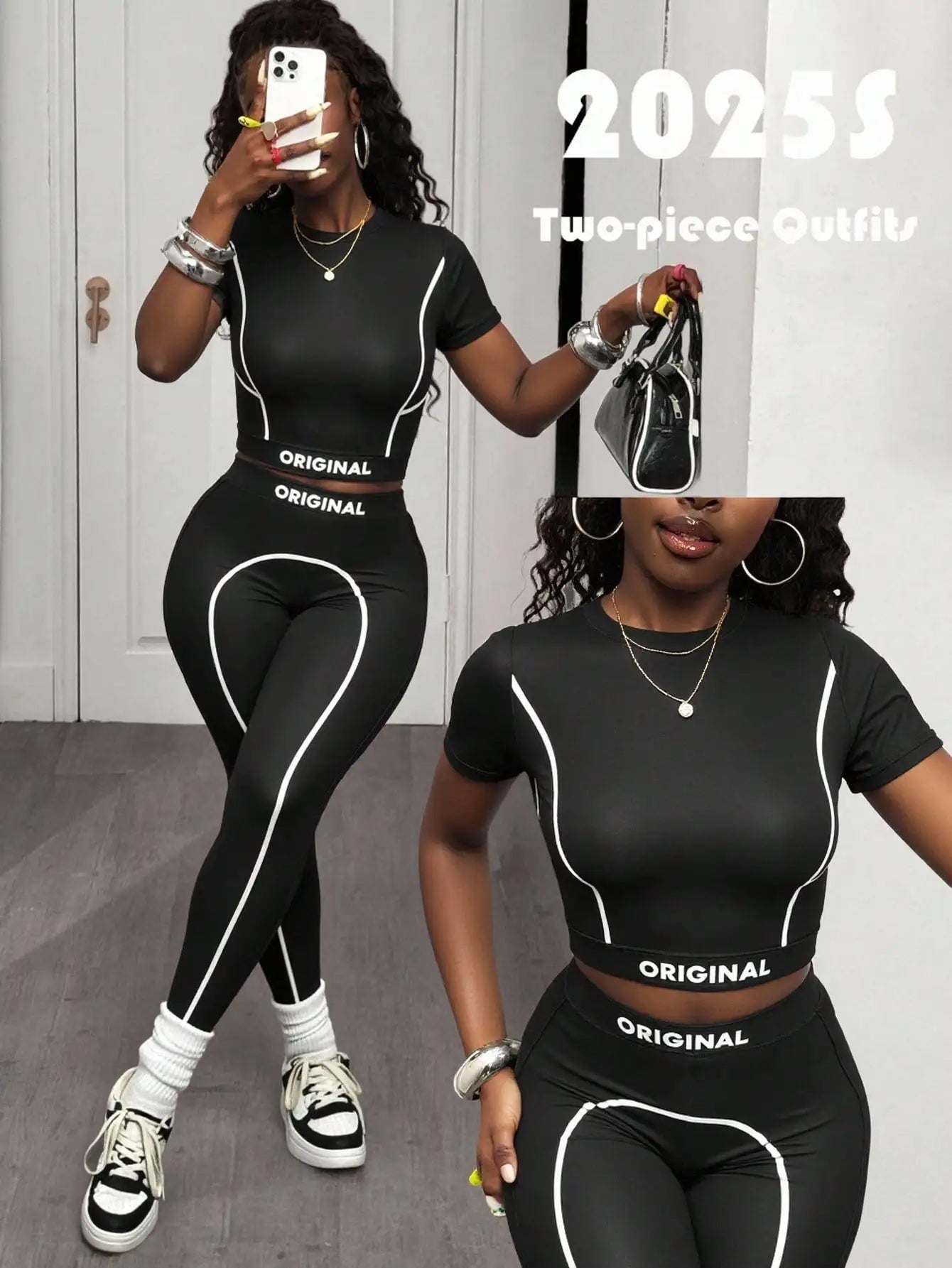 Contrast Stripe Crop Top & High-Waisted Leggings Set - Activewear