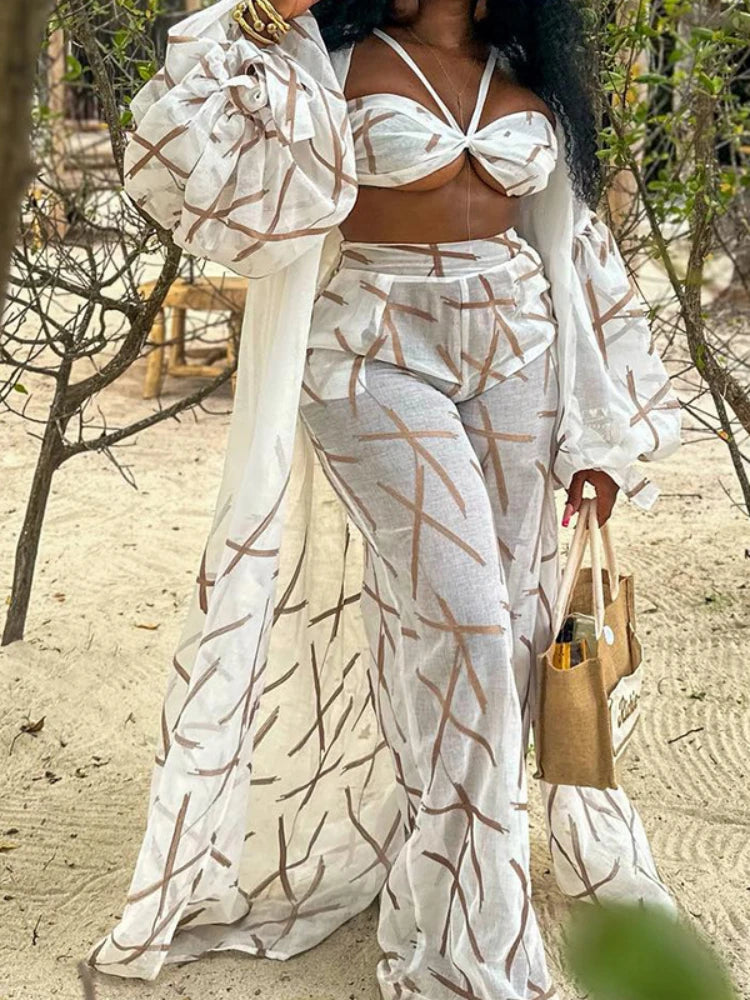 Three-Piece Linen Cardigan & Wide-Leg Pants Set - Loose Fit Outfit