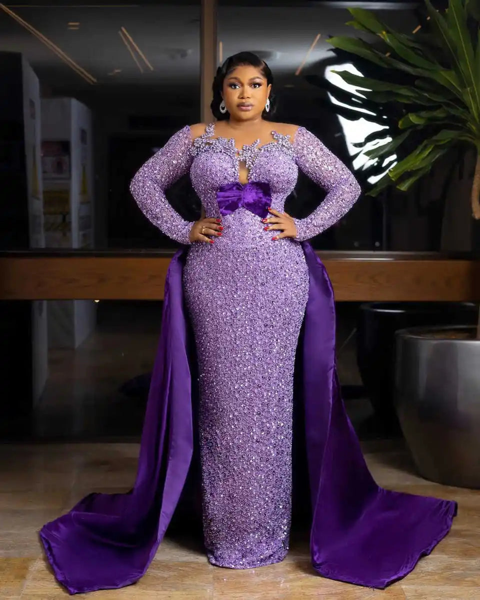 Plus Size Mermaid Evening Gown with Beaded Crystal & Sweep Train
