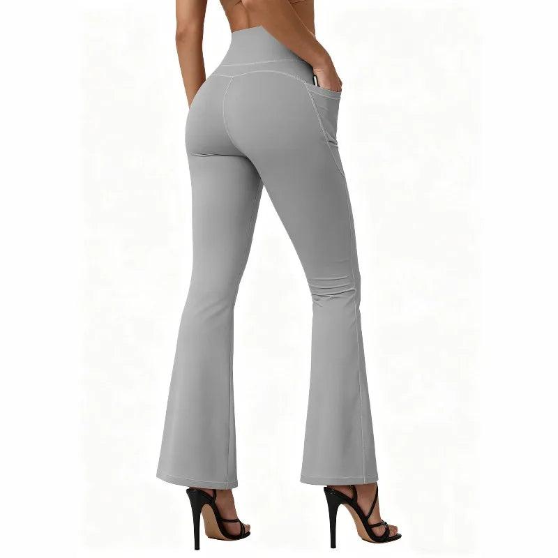 High Waisted Flared Yoga Leggings - Women's Butt Lifting Wide Leg Pants with Pockets
