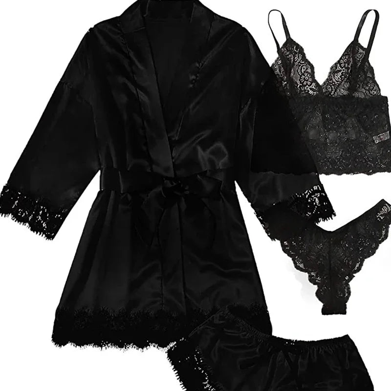 4-Piece Lace Pajama Set - Camisole, Shorts, Robe & Nightgown