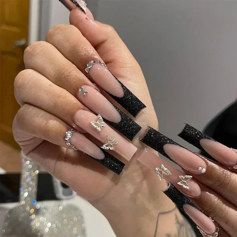 Press-On Coffin Nails | Butterfly Rhinestone Ballet False Nails Set 24Pcs