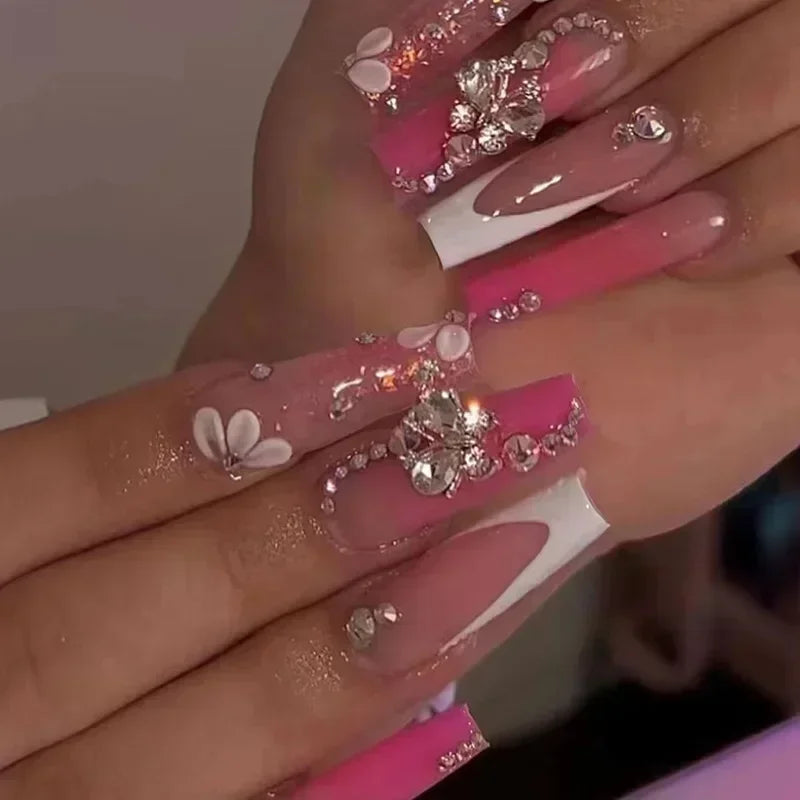 Press-On Coffin Nails | Butterfly Rhinestone Ballet False Nails Set 24Pcs