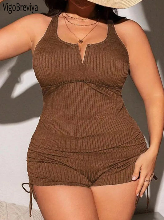 Plus Size High Waist Tankini Set - Solid Two Piece Swimsuit