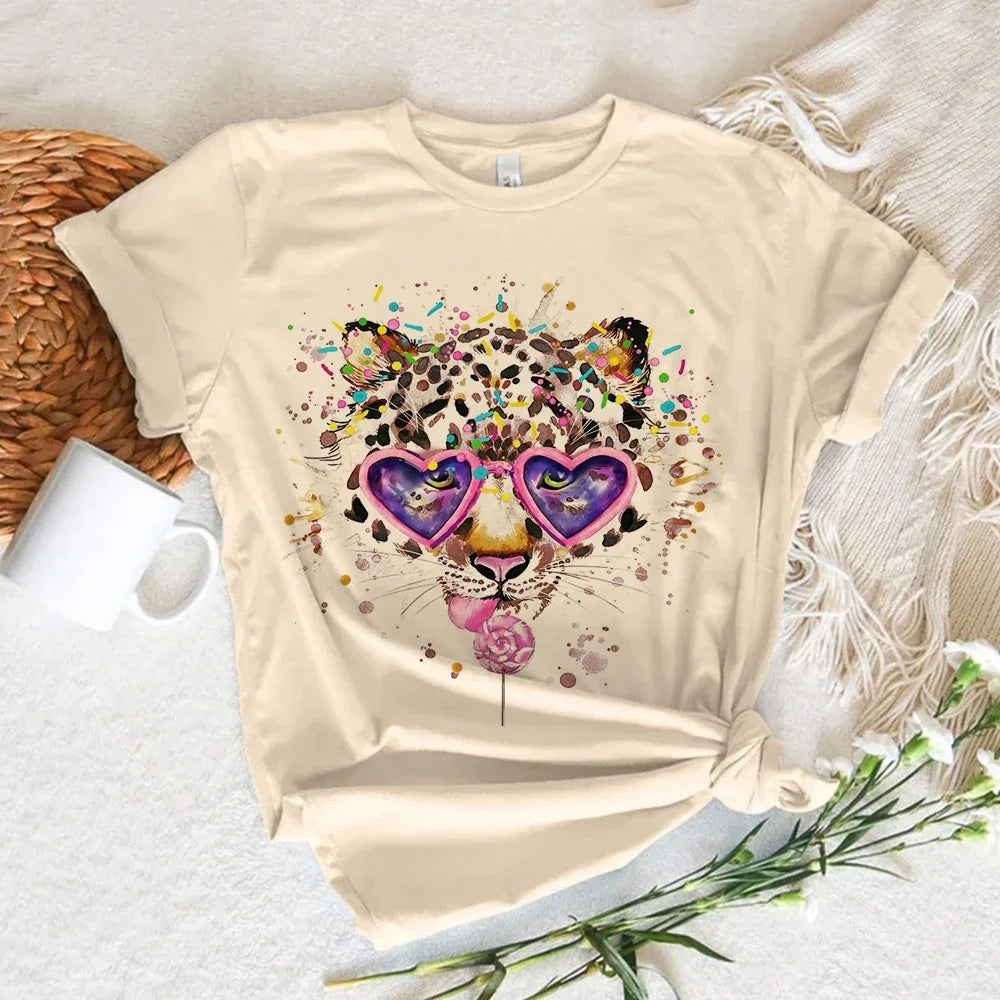 Leopard Print Love Heart T-Shirt - Women's Kawaii Streetwear Short Sleeve Summer Top