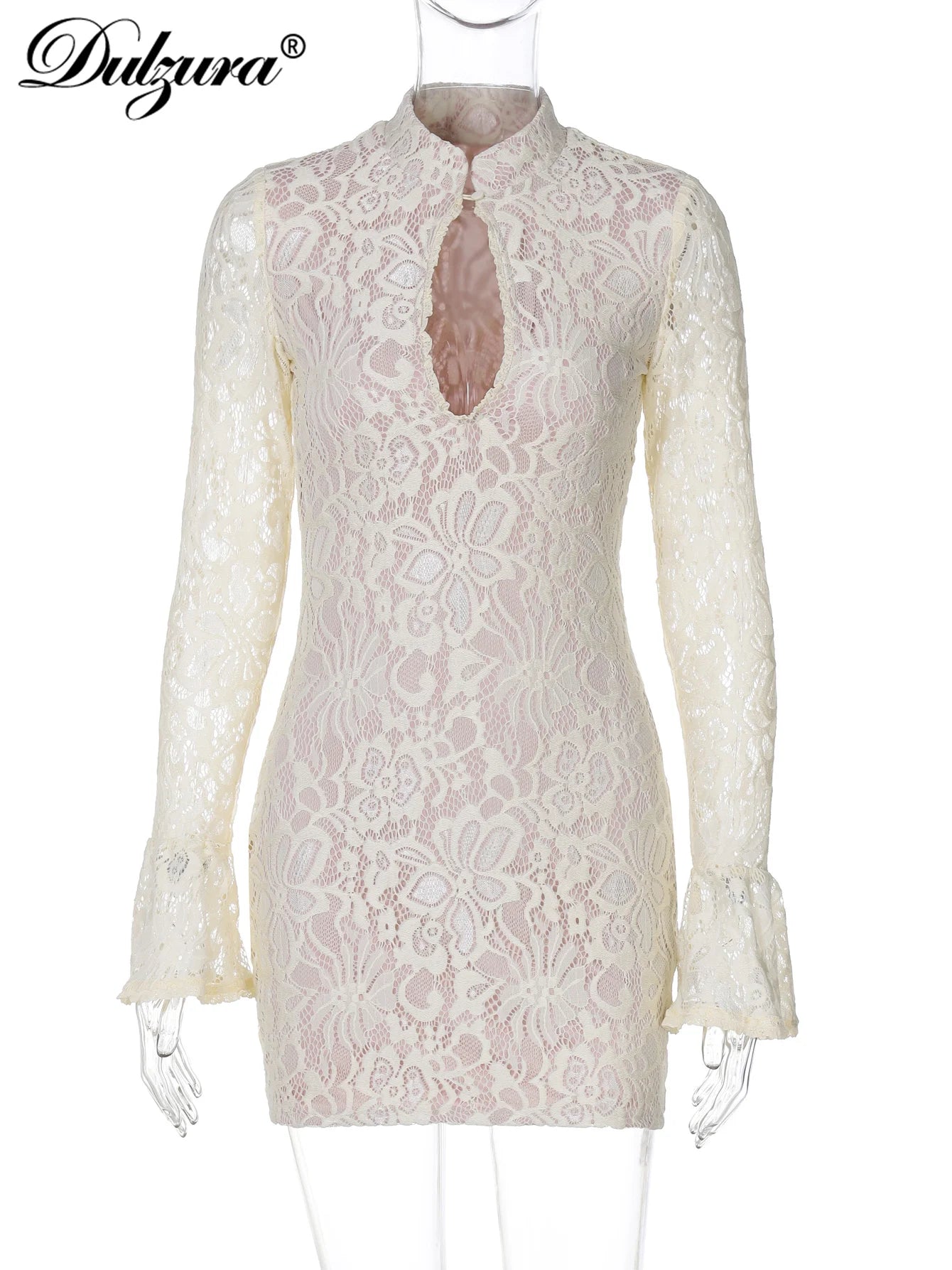 Lace Flare Sleeve Bodycon Mini Dress | Hollow-Out Sexy Club Dress for Women