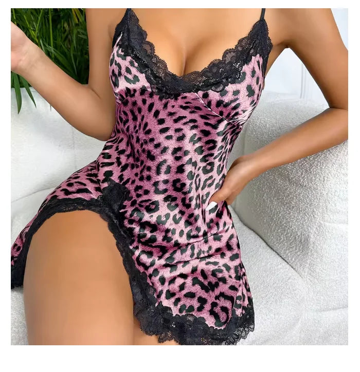 Leopard Lace Trim Nightdress - V Neck Backless Slip Dress