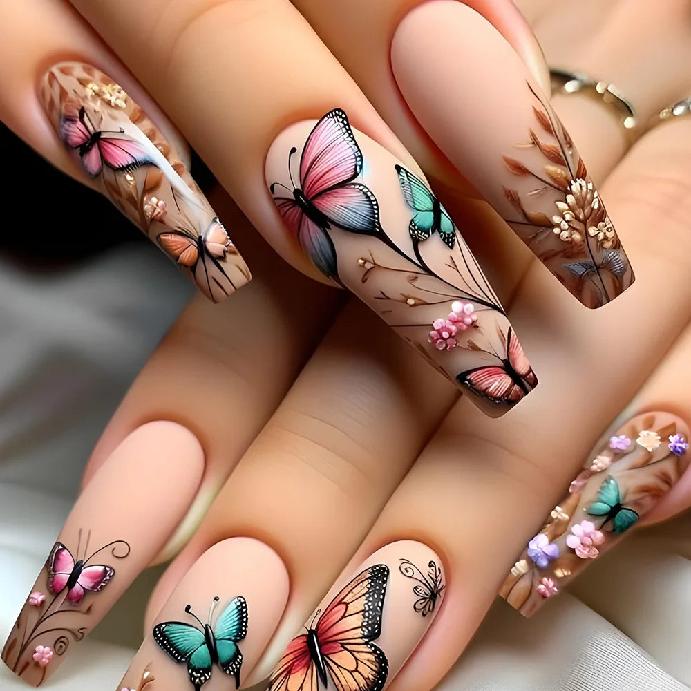 Press-On Coffin Nails | Butterfly Rhinestone Ballet False Nails Set 24Pcs