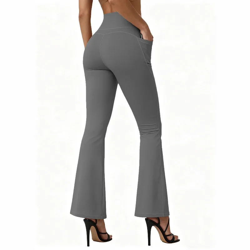 High Waisted Flared Yoga Leggings - Women's Butt Lifting Wide Leg Pants with Pockets