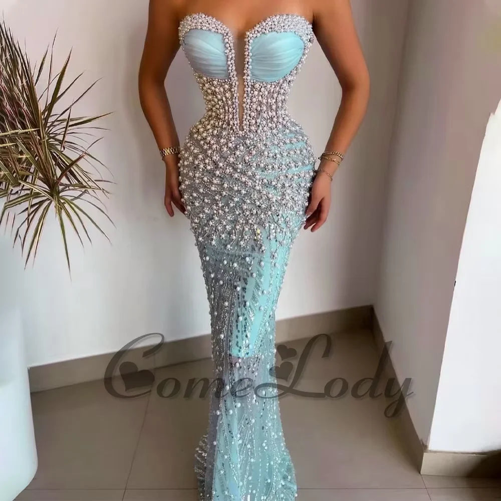 Elegant Mermaid Evening Gown | Strapless Beaded Formal Dress Custom Made