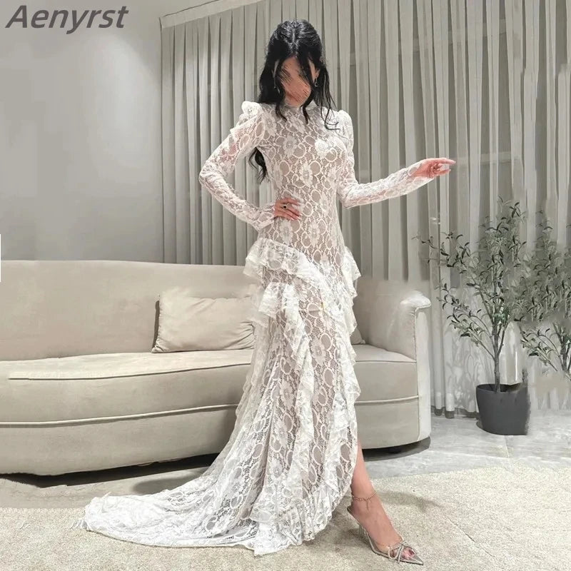 Lace Mermaid Evening Gown – High Neck, Full Sleeve, Backless Formal Dress