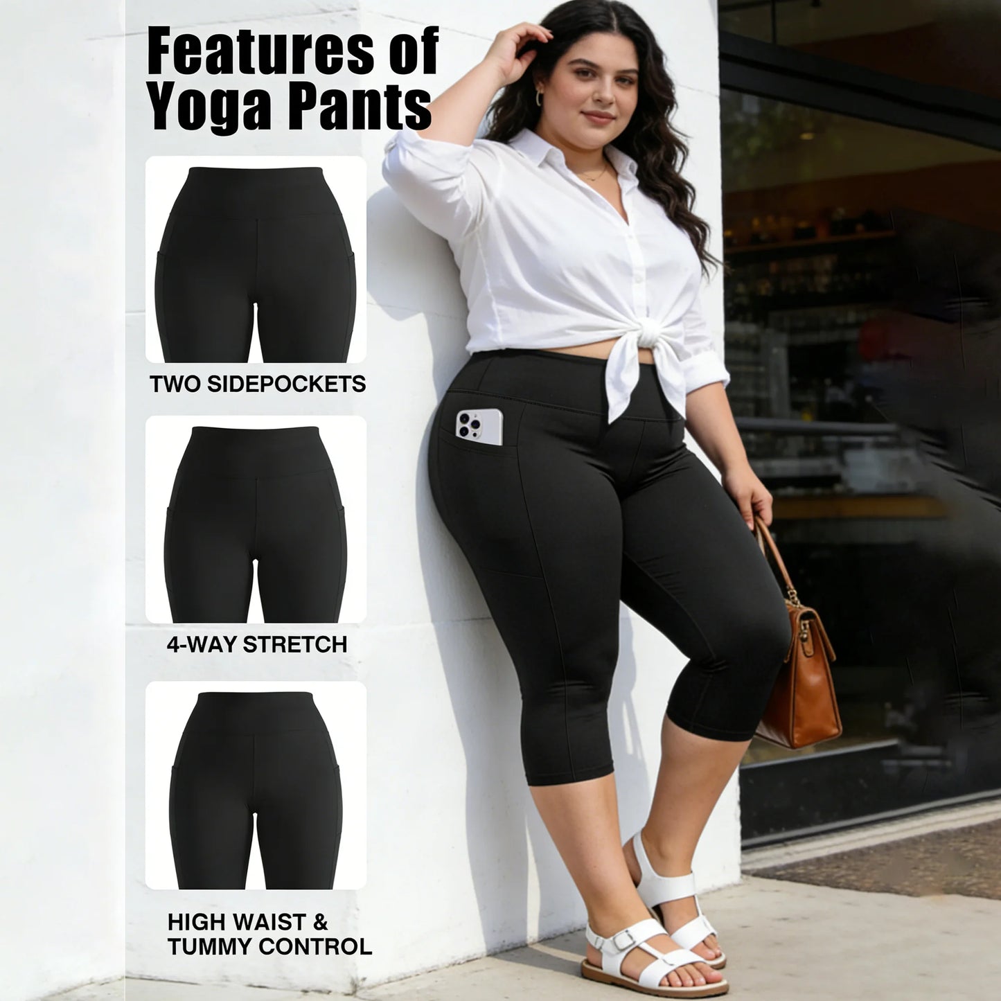 Plus Size Leggings with Pockets for Women - Black High Waisted Tummy Control Soft Yoga Pants for Gym Workout