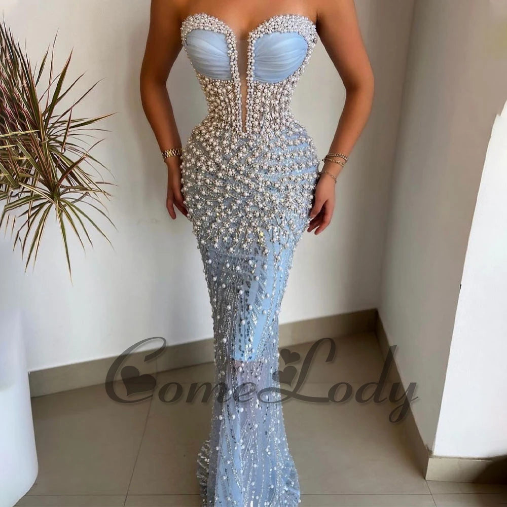 Elegant Mermaid Evening Gown | Strapless Beaded Formal Dress Custom Made