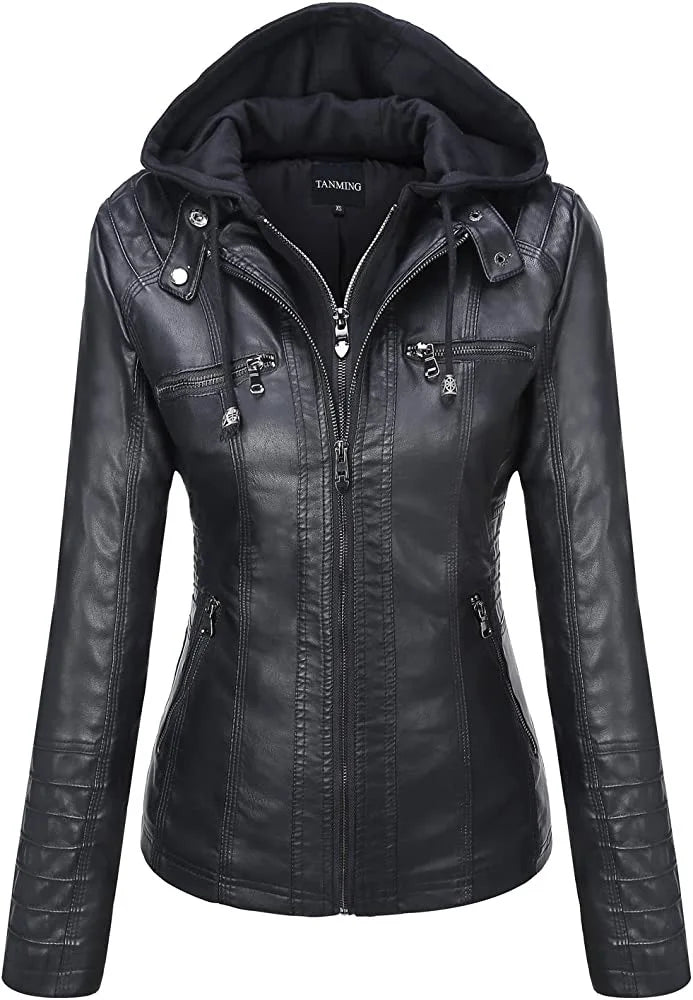 Hooded Leather Jacket - Two-Piece Removable Hood Set