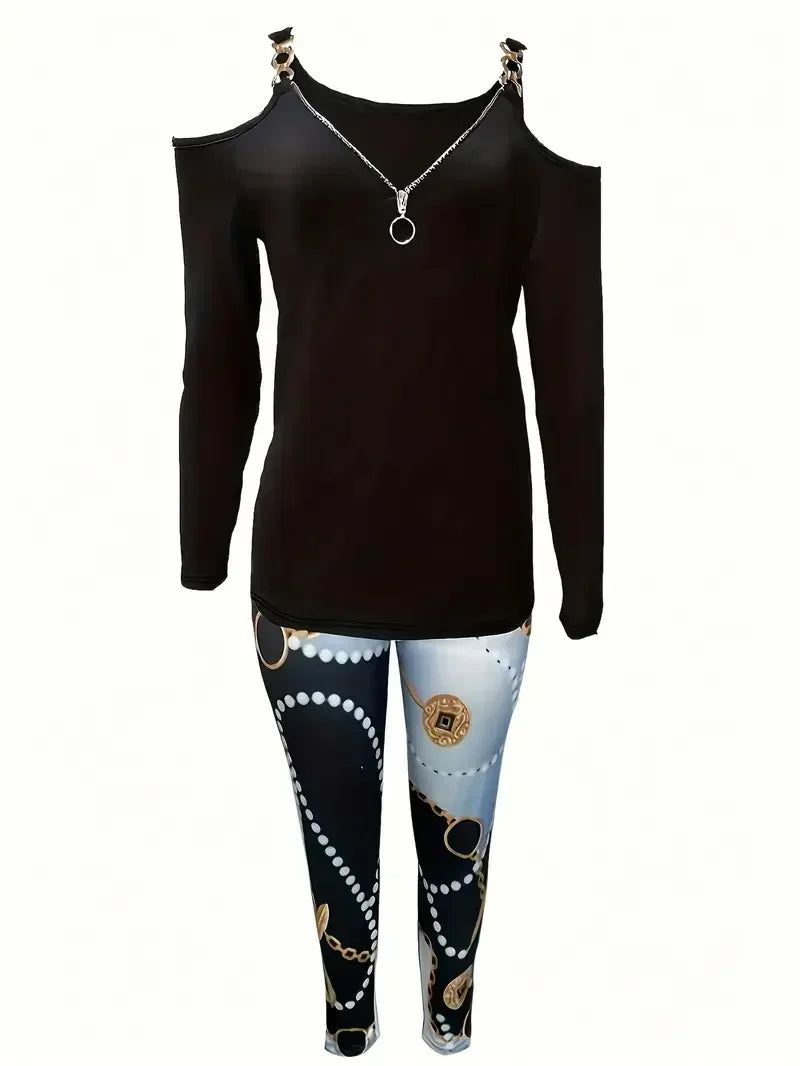 Plus Size Off-Shoulder Zip Top & Printed Pants Set - Two Piece Outfit