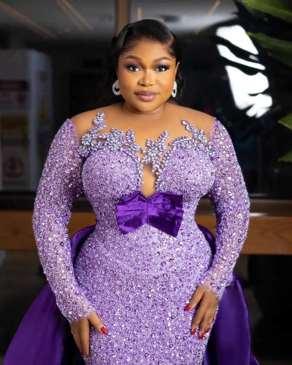 Plus Size Mermaid Evening Gown with Beaded Crystal & Sweep Train