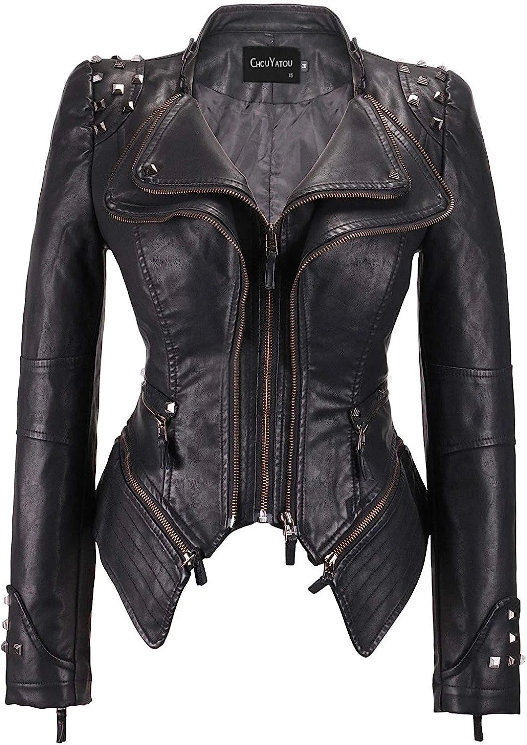 Black Washed PU Leather Jacket - 2026 Spring Suit Collar Rivet Detail