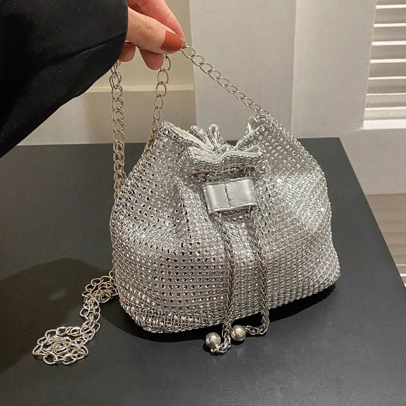 Rhinestone Embellished Bucket Crossbody Bag