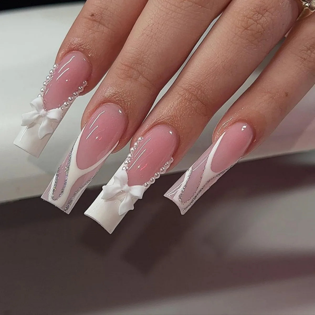 Press-On Coffin Nails | Butterfly Rhinestone Ballet False Nails Set 24Pcs