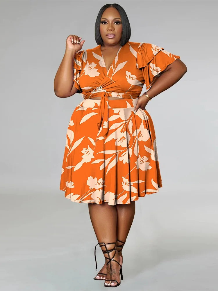 Plus Size V-Neck Crop Top & Shorts Set - Casual Two-Piece Outfit