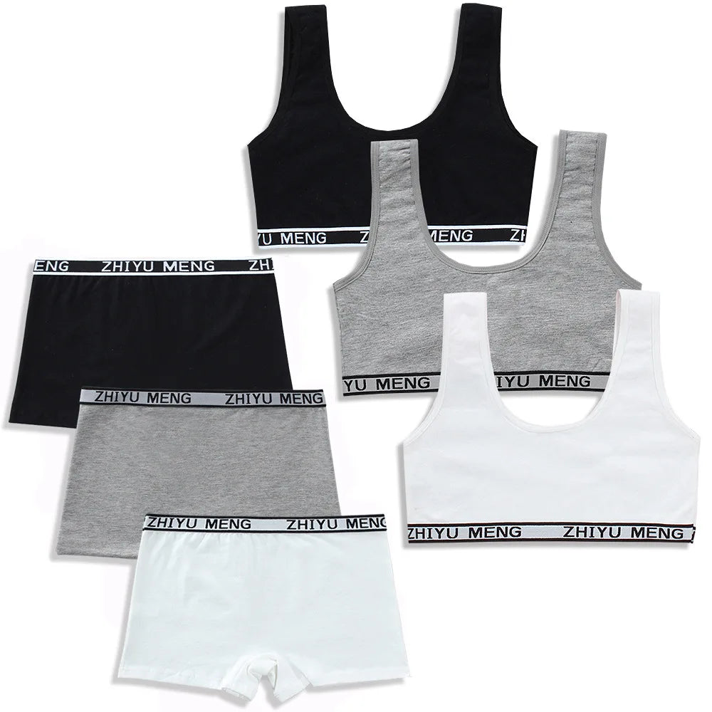 Girls' Cotton Training Bra & Panties Set - Wireless Sports Bra for Teens