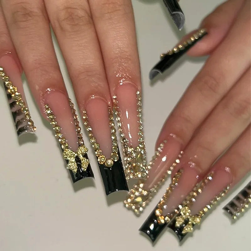 Press-On Coffin Nails | Butterfly Rhinestone Ballet False Nails Set 24Pcs