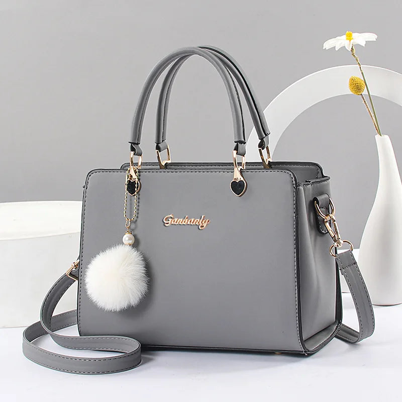 Casual Tote Bag with Pom Pom - Crossbody Shoulder Handbag