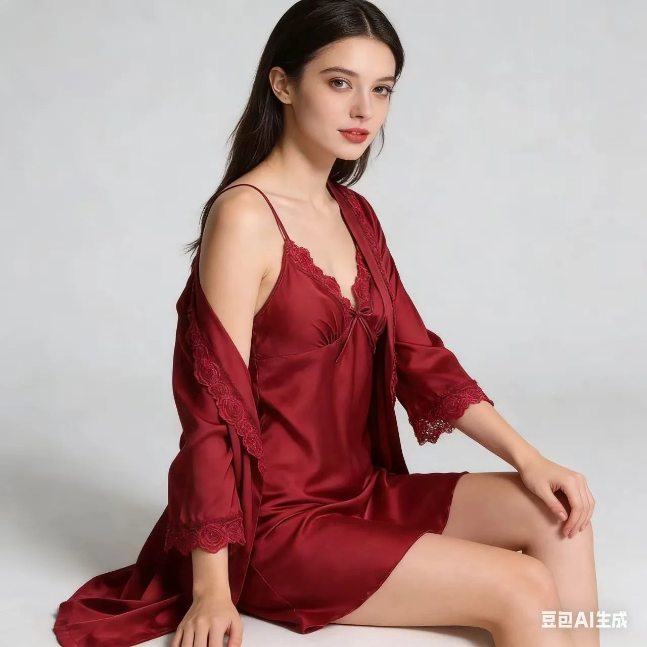 2-Piece Lace Pajama Set - V Neck Nightgown & Robe