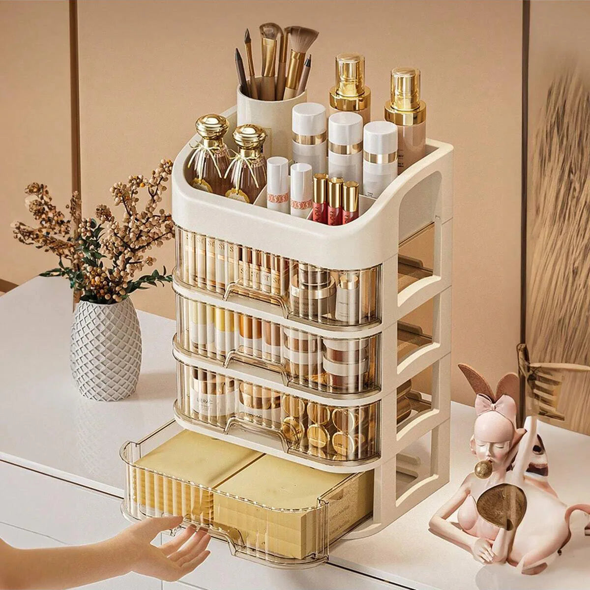 Multi-Layer Expandable Makeup Storage Box - Cosmetics Organizer for Vanity