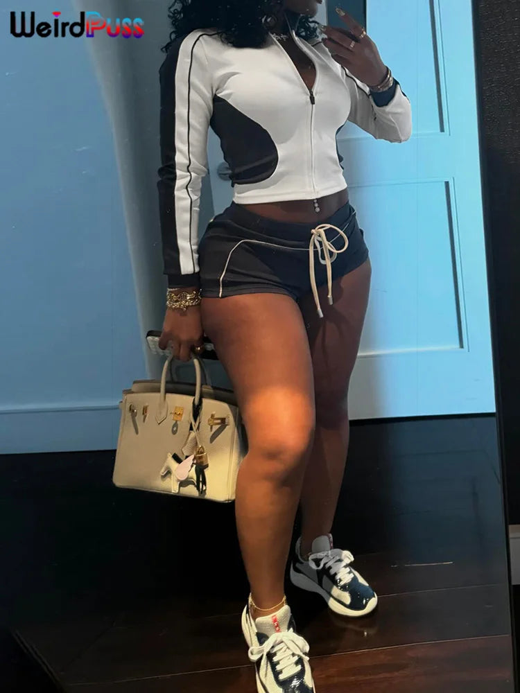 Patchwork Crop Jacket & Shorts Tracksuit - Two-Piece Set