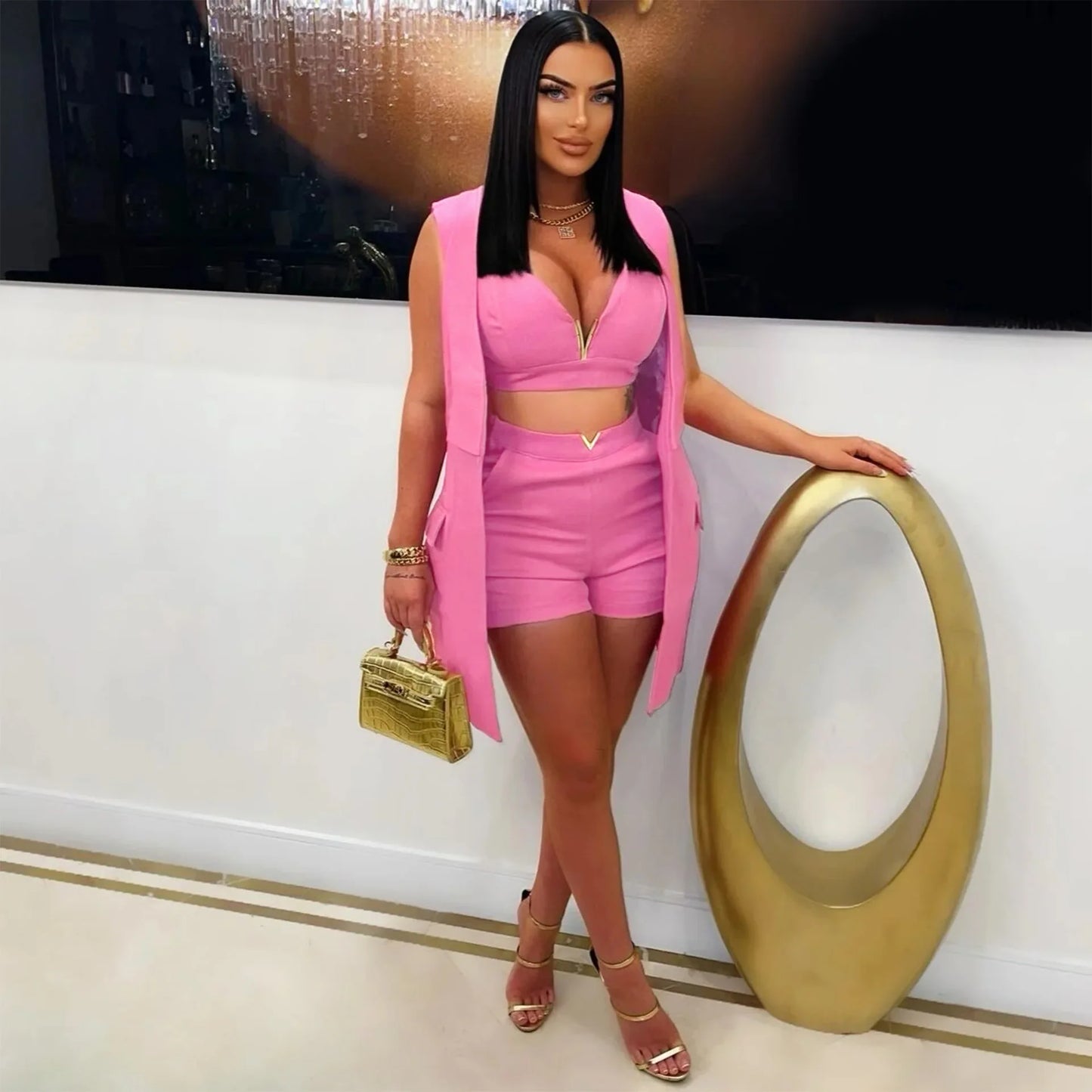 Three-Piece Blazer & Shorts Set - Sleeveless V-Neck Summer Suit