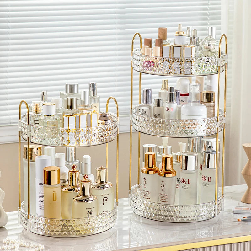 Diamond Pattern Rotating Makeup Organizer - 3 Tier Clear Vanity Storage