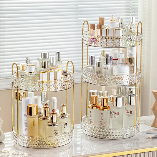 Diamond Pattern Rotating Makeup Organizer - 3 Tier Clear Vanity Storage