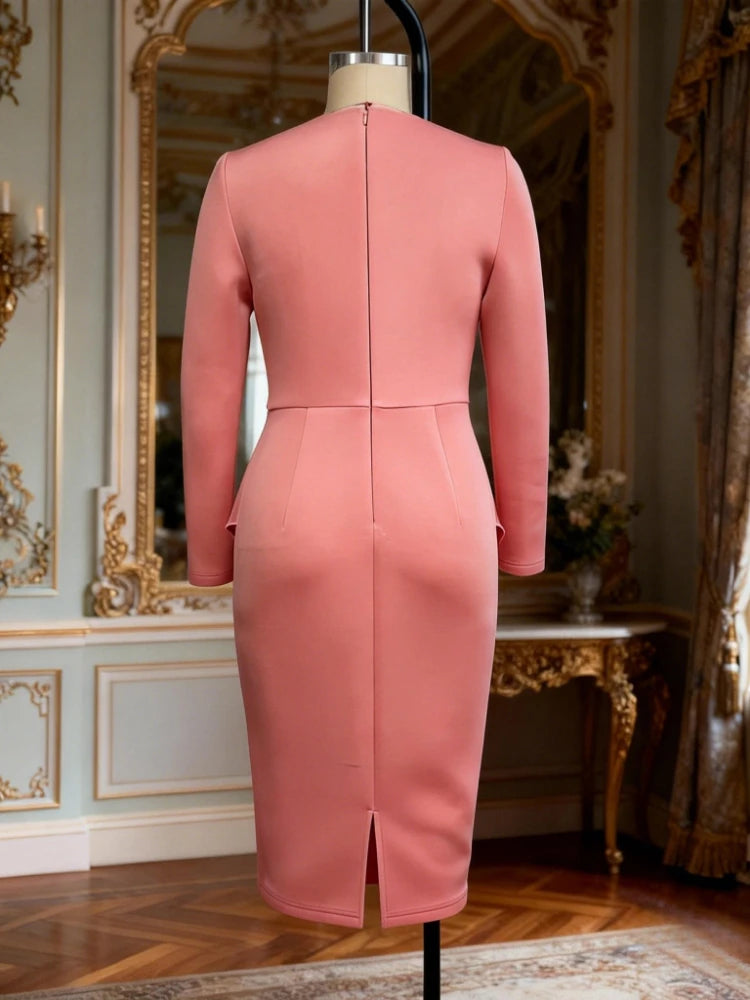 Women's Rhinestone Peplum Dress - Slim High Waist Long Sleeve for Church & Evening
