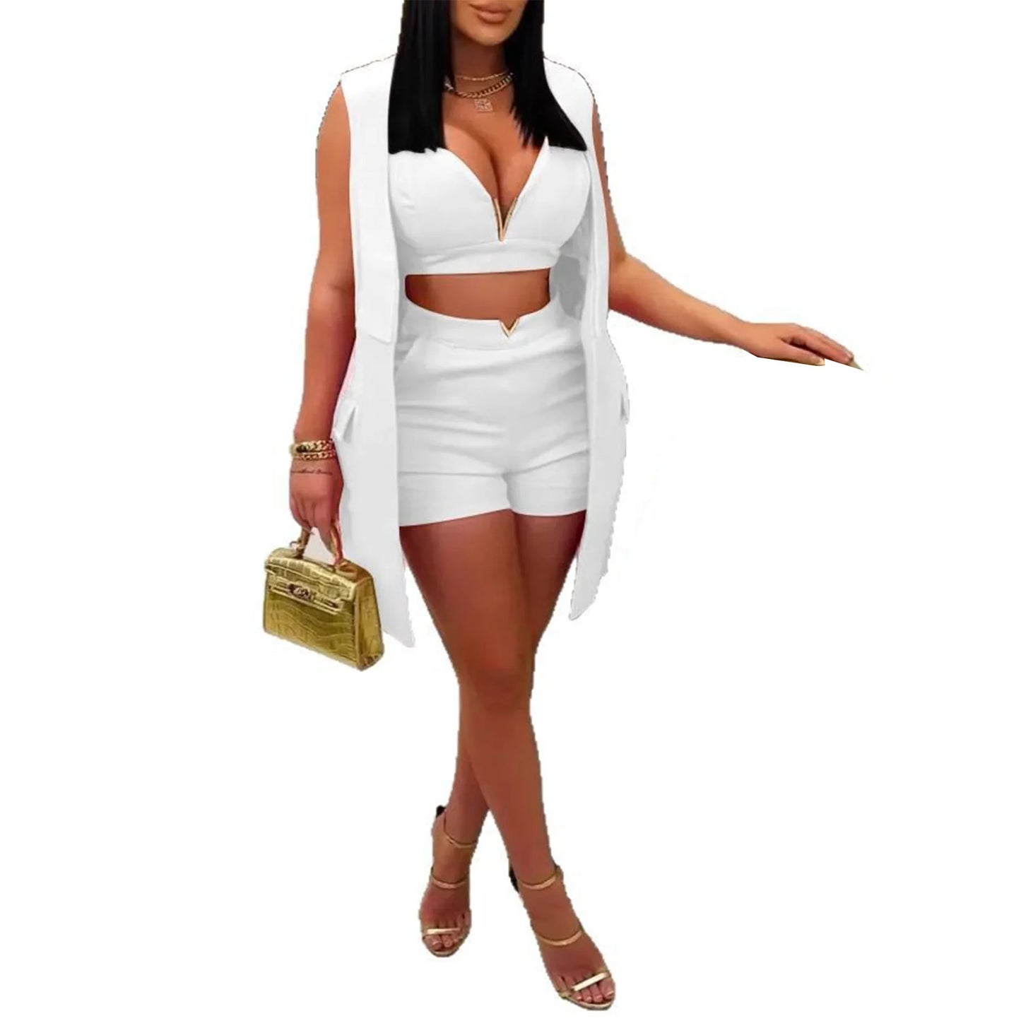 Three-Piece Blazer & Shorts Set - Sleeveless V-Neck Summer Suit