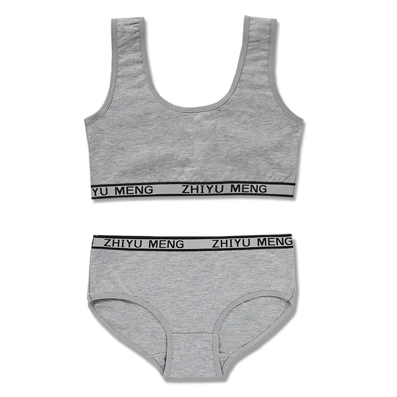 Girls' Cotton Training Bra & Panties Set - Wireless Sports Bra for Teens