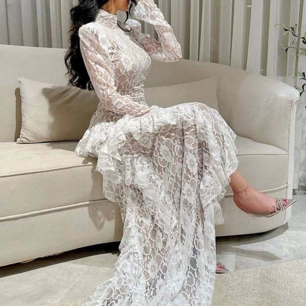 Lace Mermaid Evening Gown – High Neck, Full Sleeve, Backless Formal Dress