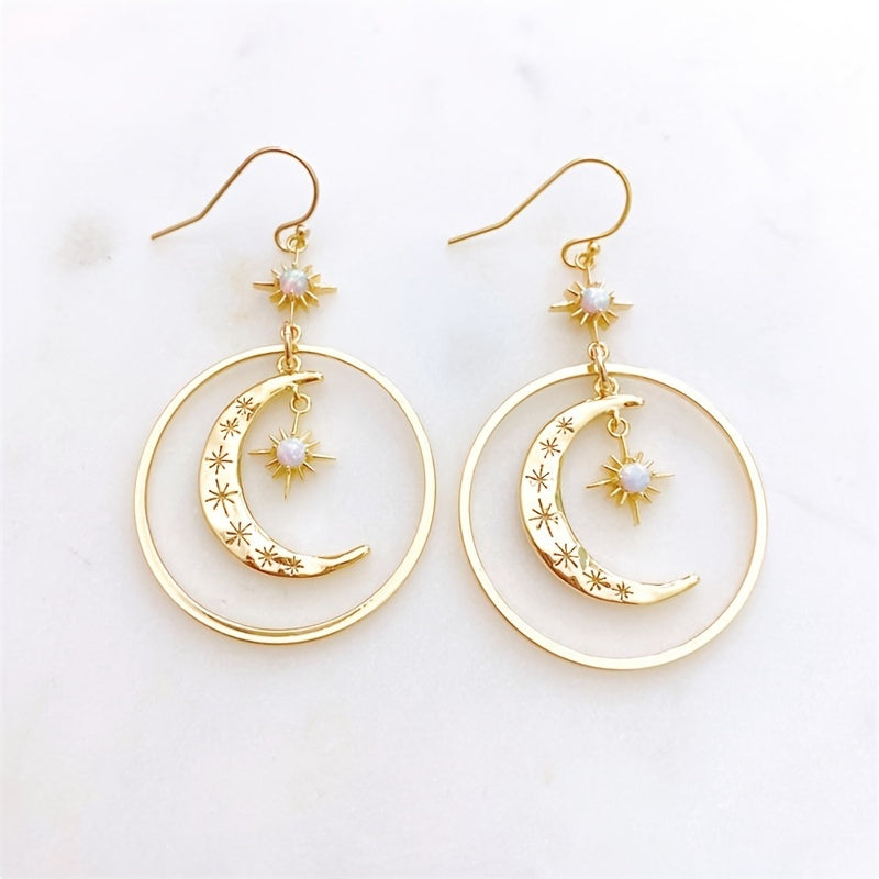 Boho Moonstone Crescent Moon & Star Earrings - Gold Tone