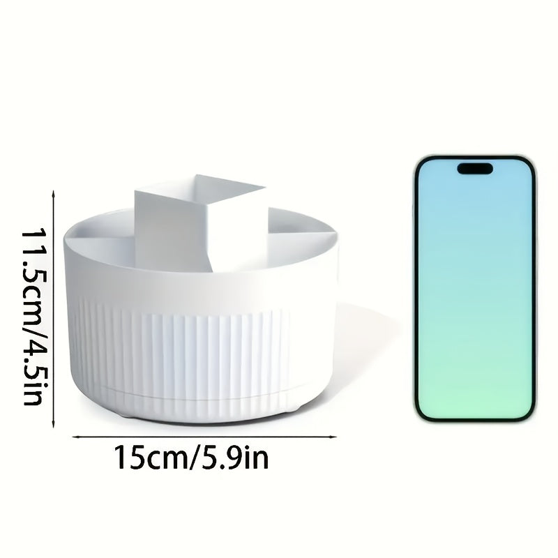 A White Rotating Cosmetic Organizer with Five Compartments, Designed for 360° Access, Perfect for Organizing And Displaying Items on Dressing Tables in Various Settings Like Bathrooms, Bedrooms, And Sinks
