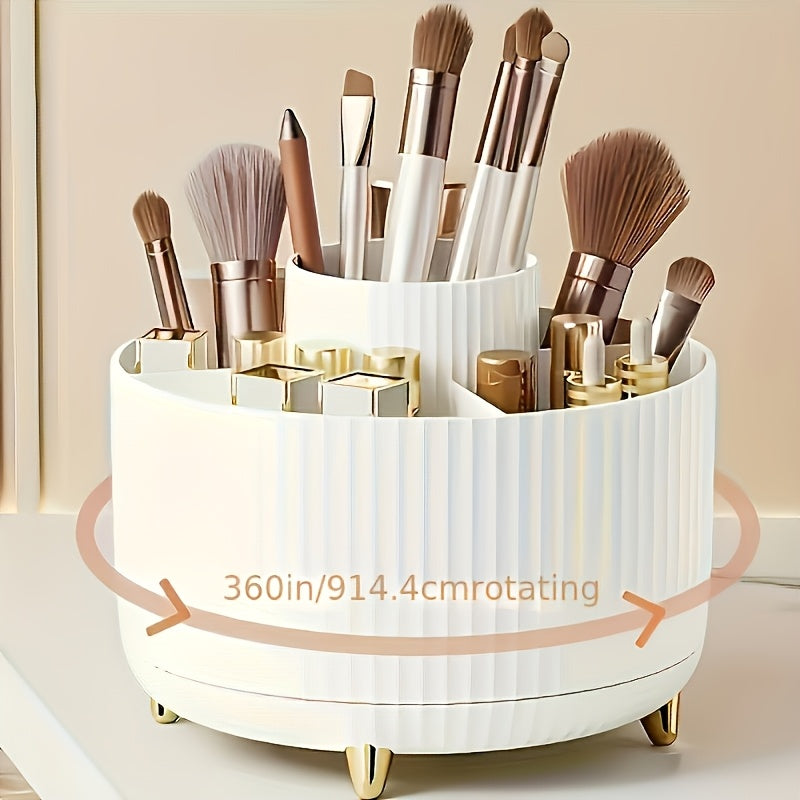 A White Rotating Cosmetic Organizer with Five Compartments, Designed for 360° Access, Perfect for Organizing And Displaying Items on Dressing Tables in Various Settings Like Bathrooms, Bedrooms, And Sinks