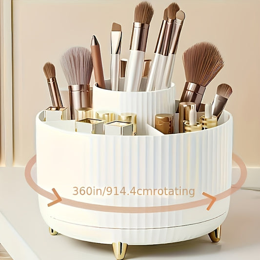 A White Rotating Cosmetic Organizer with Five Compartments, Designed for 360° Access, Perfect for Organizing And Displaying Items on Dressing Tables in Various Settings Like Bathrooms, Bedrooms, And Sinks