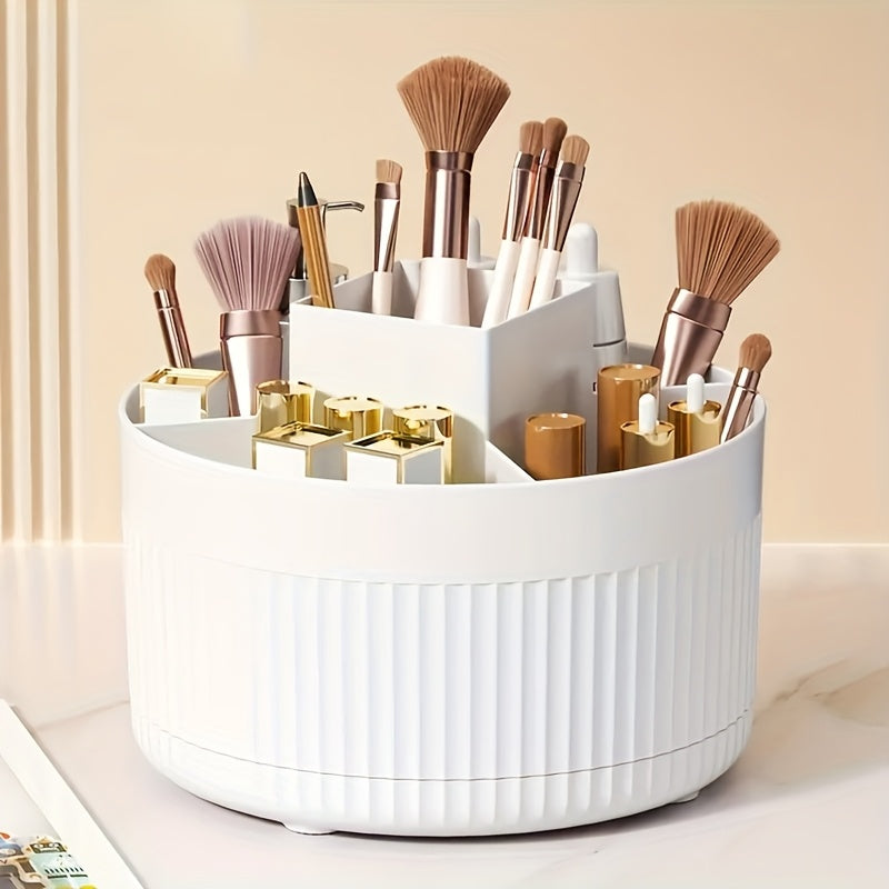 A White Rotating Cosmetic Organizer with Five Compartments, Designed for 360° Access, Perfect for Organizing And Displaying Items on Dressing Tables in Various Settings Like Bathrooms, Bedrooms, And Sinks