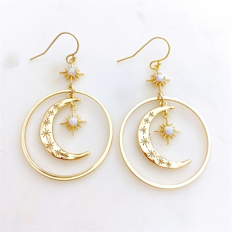 Boho Moonstone Crescent Moon & Star Earrings - Gold Tone