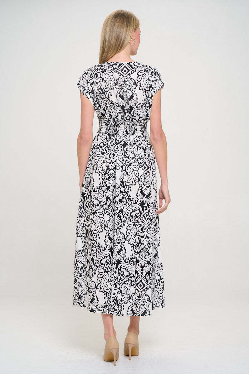 Print V-Neck Short Sleeve Dress - Smocked Waist