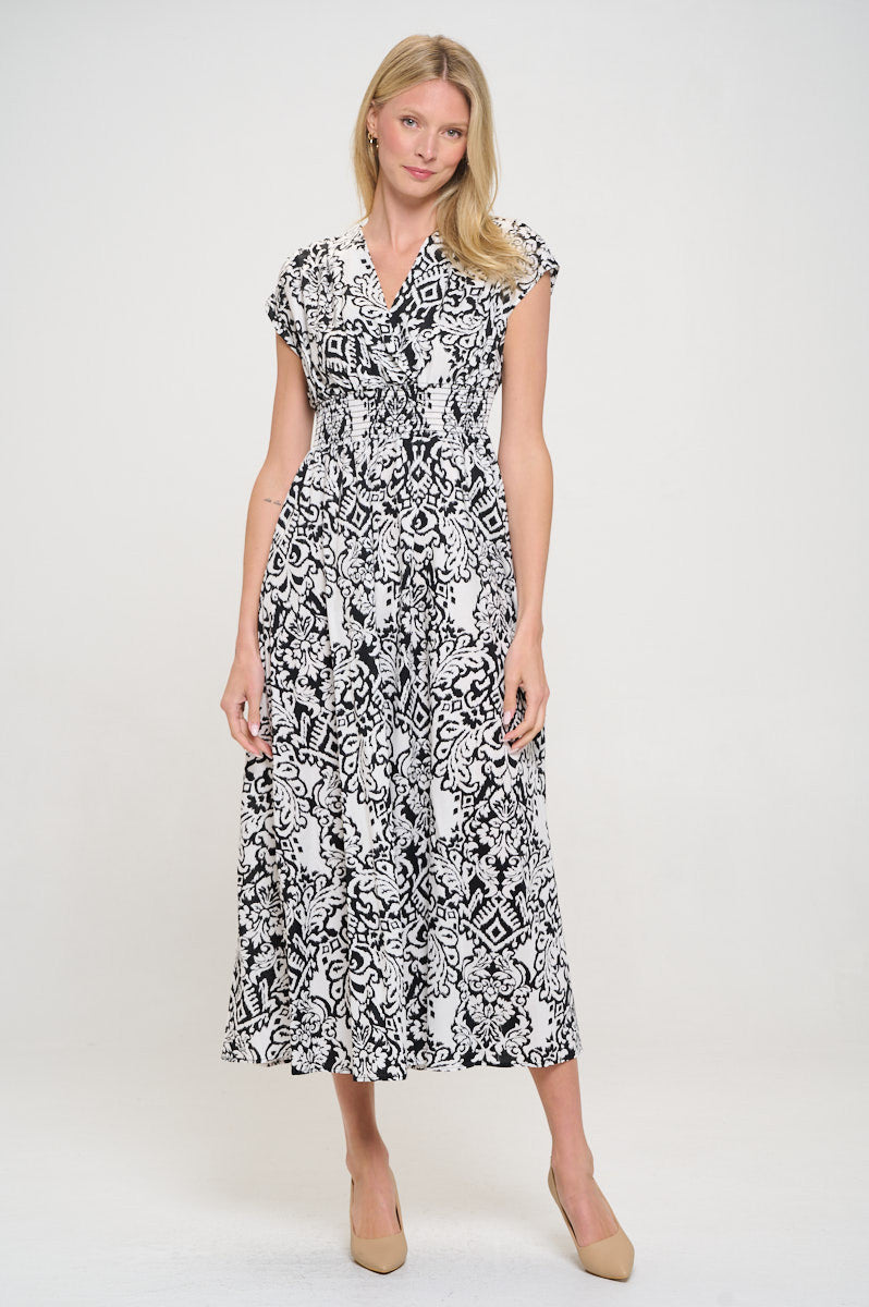 Print V-Neck Short Sleeve Dress - Smocked Waist