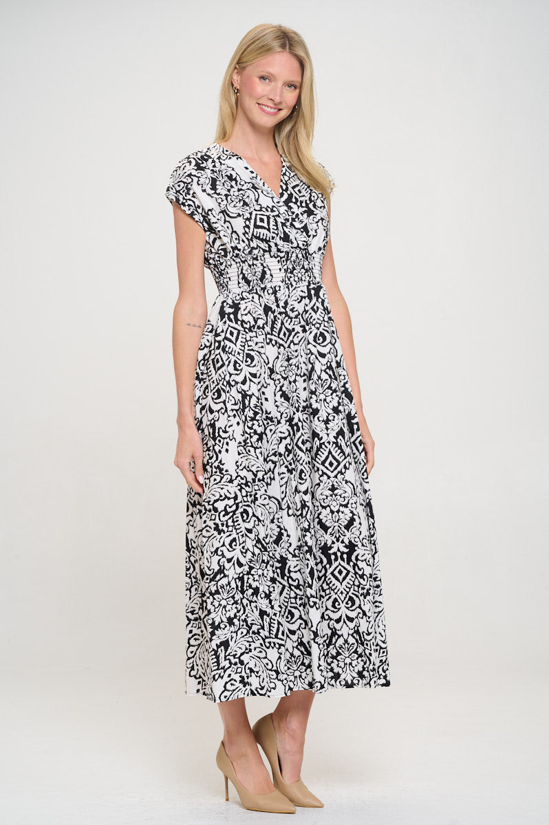 Print V-Neck Short Sleeve Dress - Smocked Waist